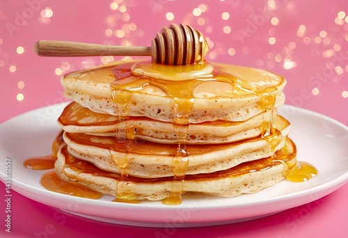a delicious stack of golden pancakes drizzled with honey and served with a wooden honey dipper on a pink plate against a softly blurred, sparkly background.