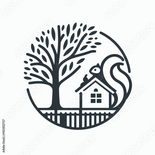 A stylized graphic of a tree, house, and squirrel, conveying a sense of nature and home.