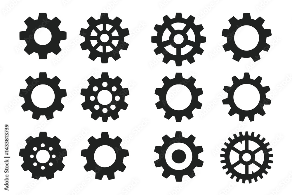 Diverse icon set of gears in various designs suitable for technology and engineering themes Diverse icon set of gears in various designs suitable for technology and engineering themes