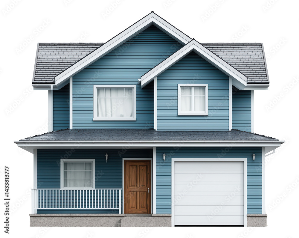 Charming blue two-story house with a wooden front door and attached garage.