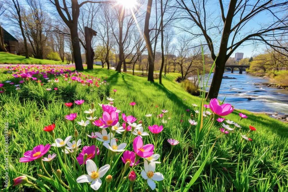 Fototapeta premium Springtime Blooms by a River