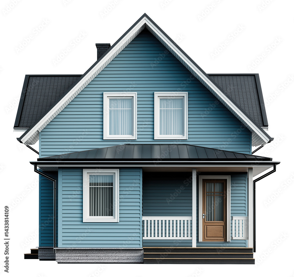 Blue two-story house with a gable roof, white windows, and a front porch. Blue two-story house with a gable roof, white windows, and a front porch.