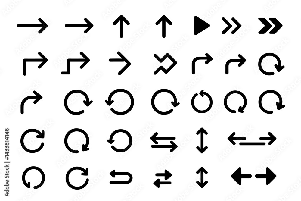 Collection of black arrow and circular icons representing navigation and actions for digital applications or design projects