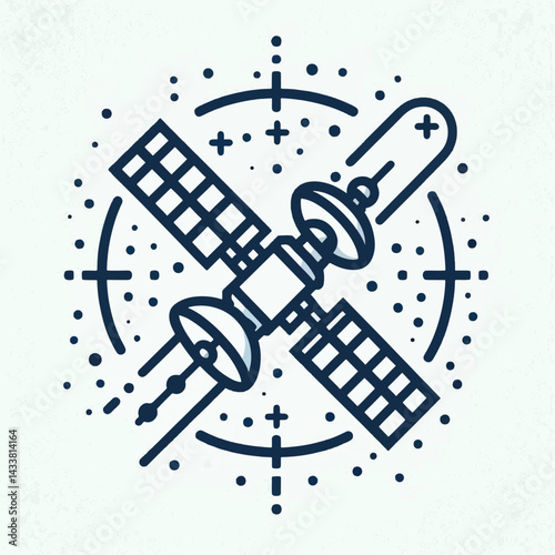 A stylized illustration of a satellite, visually centered within a circular target-like framework.