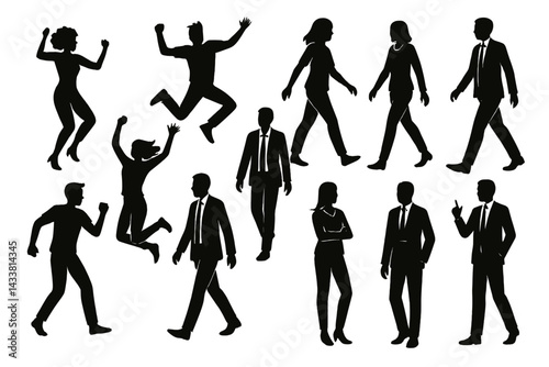 Icon set featuring various silhouettes of people in different poses and activities