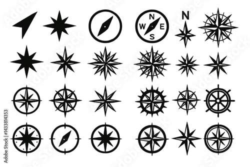 Icon set featuring various compass designs suitable for navigation and travel purposes