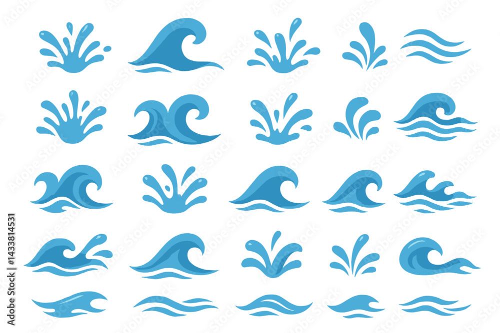 Diverse collection of blue wave and splash icons suitable for aquatic themes and designs