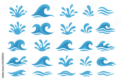Diverse collection of blue wave and splash icons suitable for aquatic themes and designs