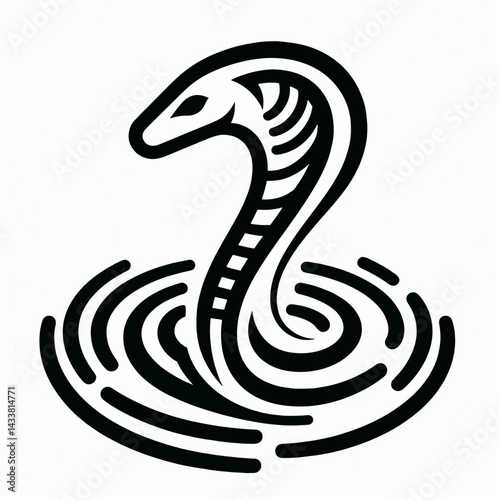 A stylized black and white cobra rising out of water with decorative ripples.