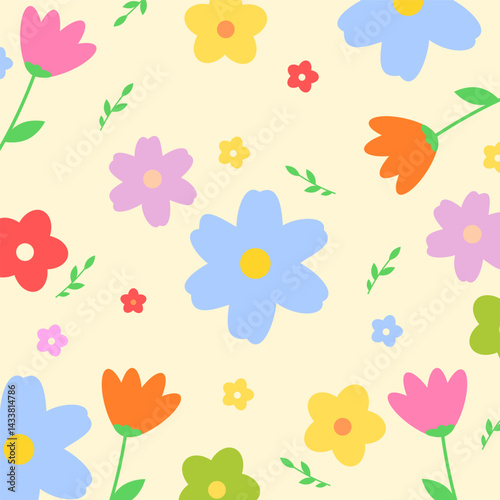 Wallpaper Mural Colorful flower seamless pattern with yellow background. Various floral set illustration. Torontodigital.ca