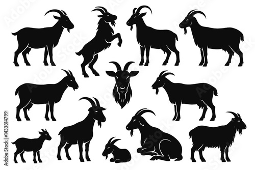 Collection of goat icons in various poses includes standing, walking, and sitting designs suitable for creative projects