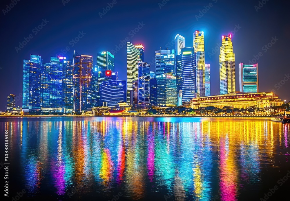 Fototapeta premium Vibrant cityscape at night, reflected in calm water