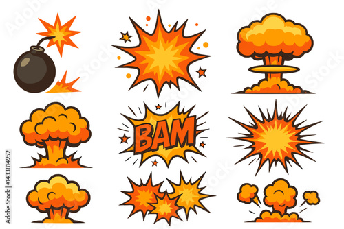 Icon set featuring explosive designs with bombs and blast effects in bright colors for creative projects and graphic design