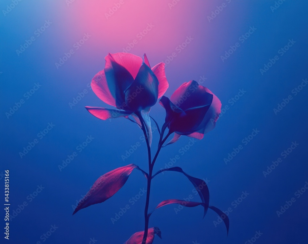 Obraz premium Two roses illuminated by pink and blue neon light.