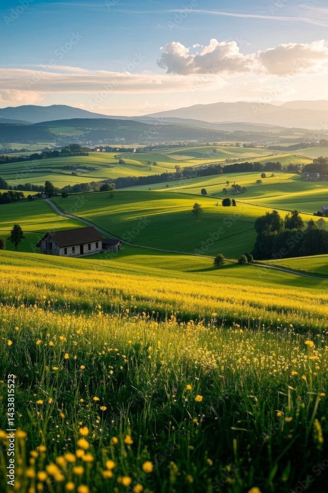 Fototapeta premium a view of a green field with a house in the distance