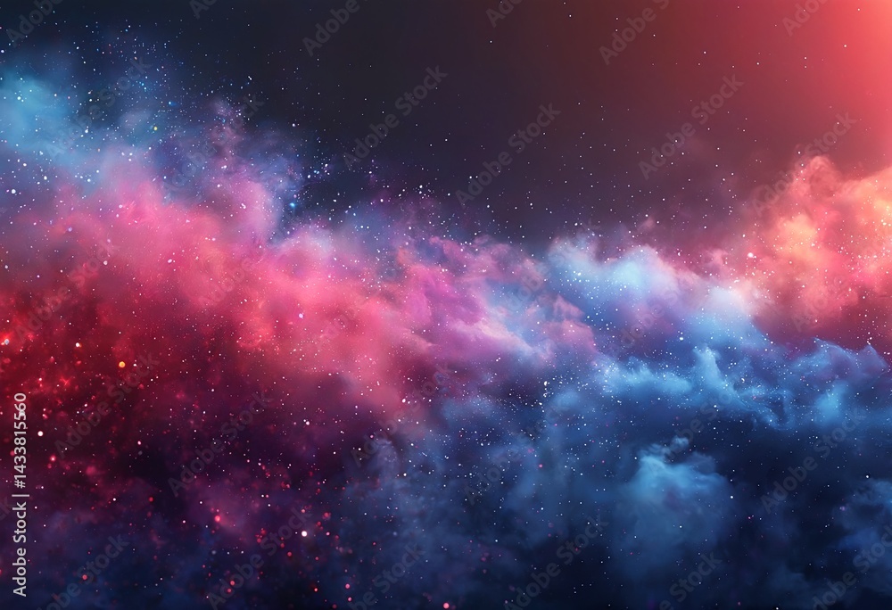 Naklejka premium a vibrant and swirling cosmic nebula displays a dramatic division between fiery red and cool blue hues, speckled with countless distant stars.
