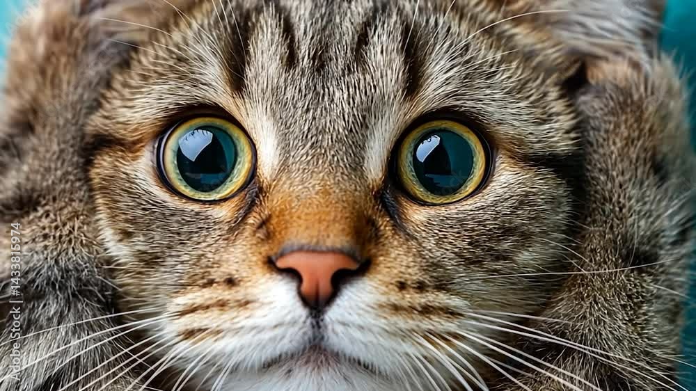 Wide-eyed tabby cat close-up on blue background Wide-eyed tabby cat close-up on blue background