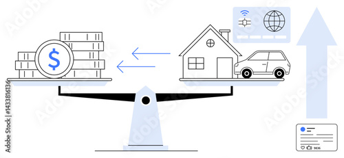 Scales weighing money against home and car assets, with digital connectivity icons and upward arrow. Ideal for finance, investments, real estate, budgeting, economic growth, decision-making, simple