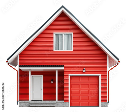Modern red house with gabled roof, single door, window, and attached garage.