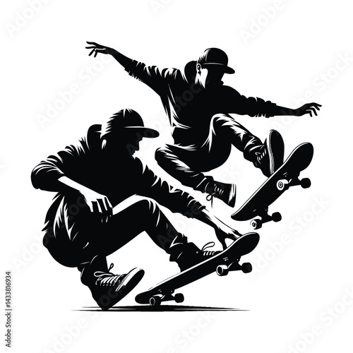 Silhouette of a skateboarder in action, vector illustration of a boy performing a jump on a skateboard