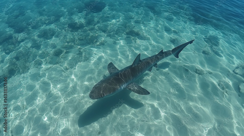 Fototapeta premium Underwater View of a Shark Swimming in Shallow, Sunny Water