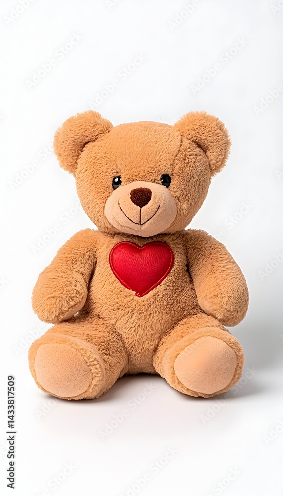 Obraz premium A light brown plush teddy bear sits against a white background It features a red heart appliqu? on its chest