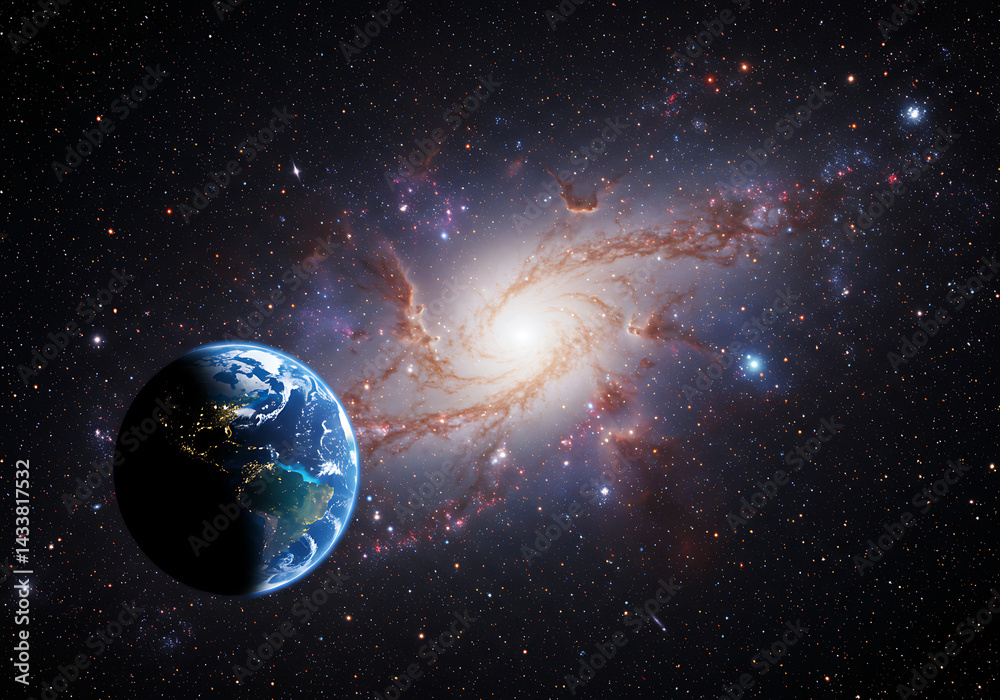 Obraz premium Earth and Spiral Galaxy: Stunning Space Background Image for Astronomy and Science Projects