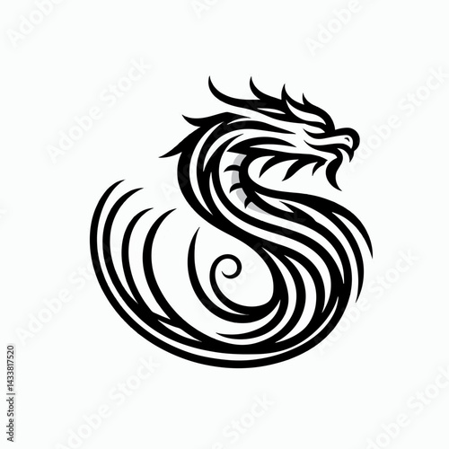 A stylized black and white dragon design formed into the shape of the letter S. photo
