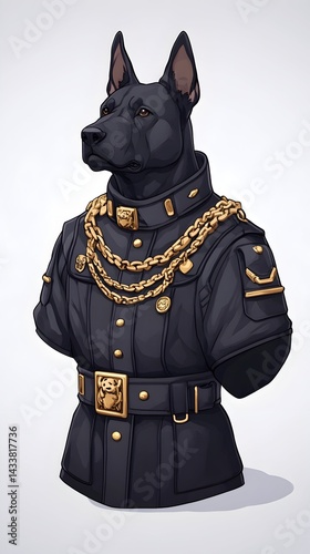 A majestic black canine, depicted as a bust, wears a dark military-style uniform adorned with gold accents and chains
