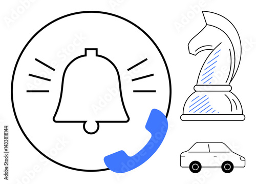 Bell with sound waves, phone handset, chess knight, car emphasizing alert, strategy, mobility, communication, planning and decision-making. Ideal for strategy alertness mobility connectivity
