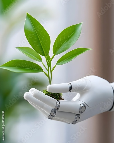 A robotic hand gently cradles a small, vibrant green plant sprouting from soil