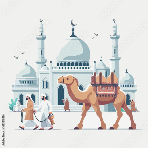A flat illustration of a mosque, a camel, and pilgrims, conveying a sense of religious and cultural harmony.