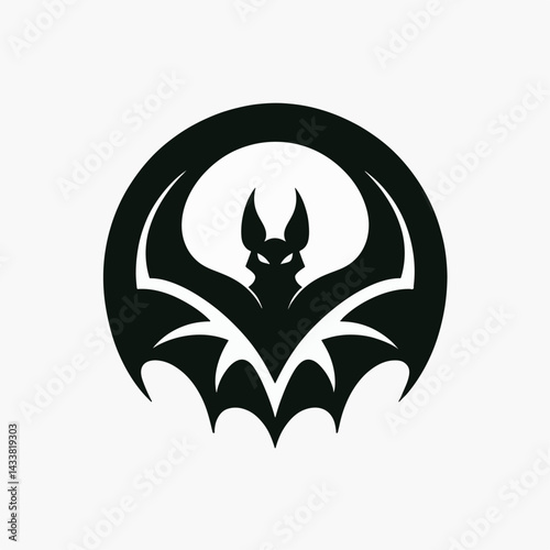 A circular graphic design featuring a stylized bat.
