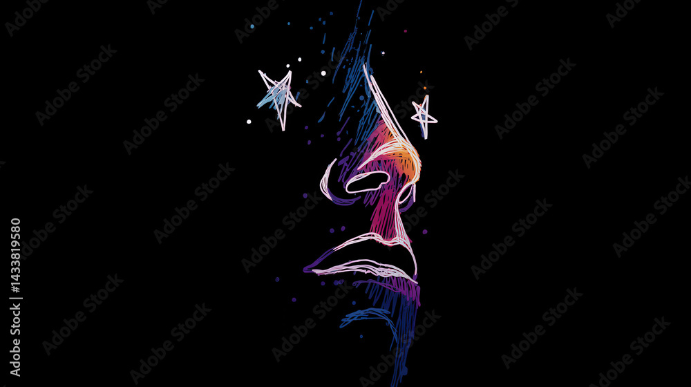 A vivid abstract representation of a face, featuring bright colors and stars, set against a black background. The artwork captivates through its creative lines and emotional depth A vivid abstract representation of a face, featuring bright colors and stars, set against a black background. The artwork captivates through its creative lines and emotional depth