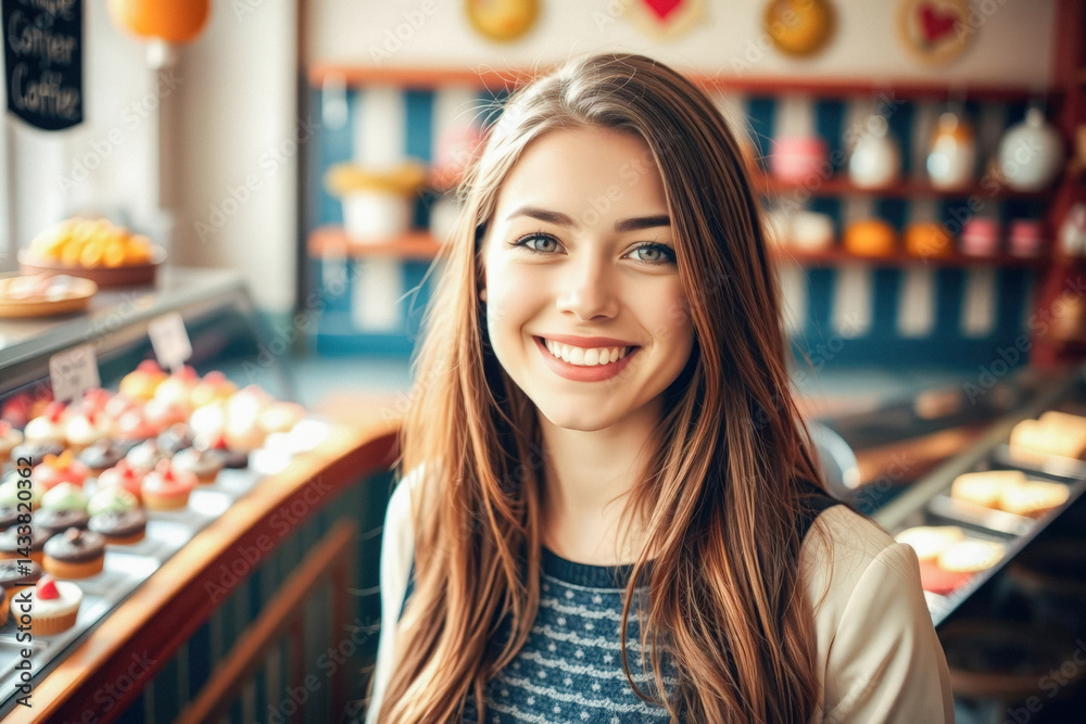Happy Young Woman in a Cafe Filled with Sweets