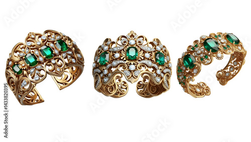 Luxurious Gold Bracelet with Emerald and Diamond Accents, Transparent png file