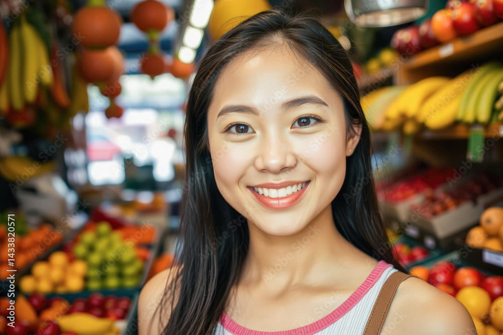 Smiling Woman in a Fruit Market