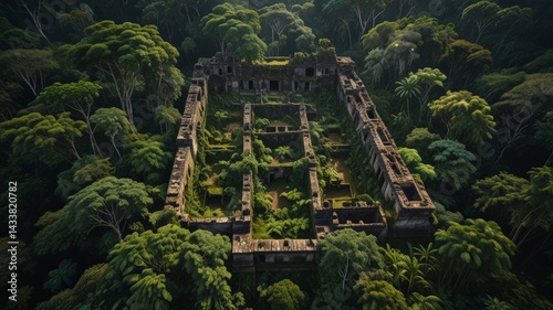 Aerial view of ancient city ruins overgrown by Amazon jungle