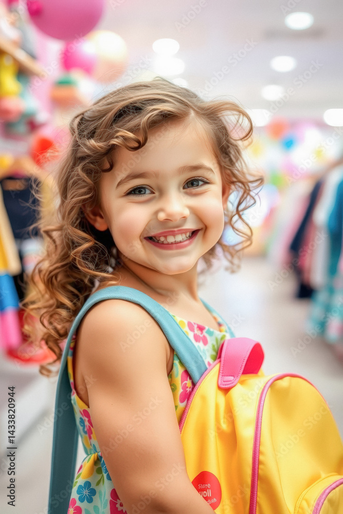 Adorable Girl with a Backpack in a Children's Store