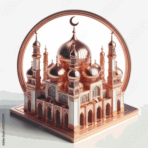 A meticulously crafted 3D model of a mosque, showcasing ornate details and a rose gold finish.
