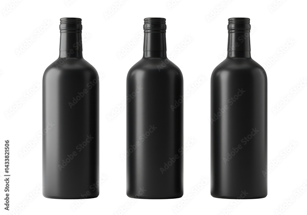 Three identical black bottles lined up Three identical black bottles lined up