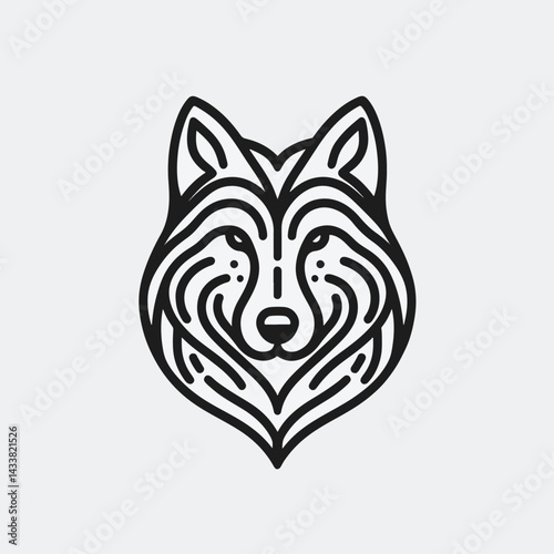 A black and white, line art graphic depiction of a wolf's head.