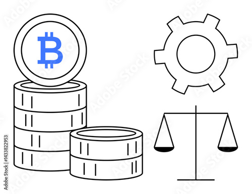 Stacked coins with a Bitcoin logo, a gear, and balancing scales reflect cryptocurrency, blockchain, innovation, finance, equality, fairness and technology. Ideal for fintech startups investments