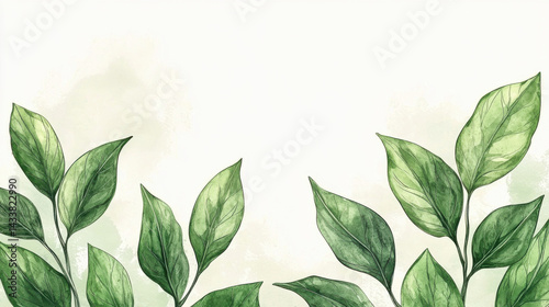 Watercolor green leaves on light background with copy space