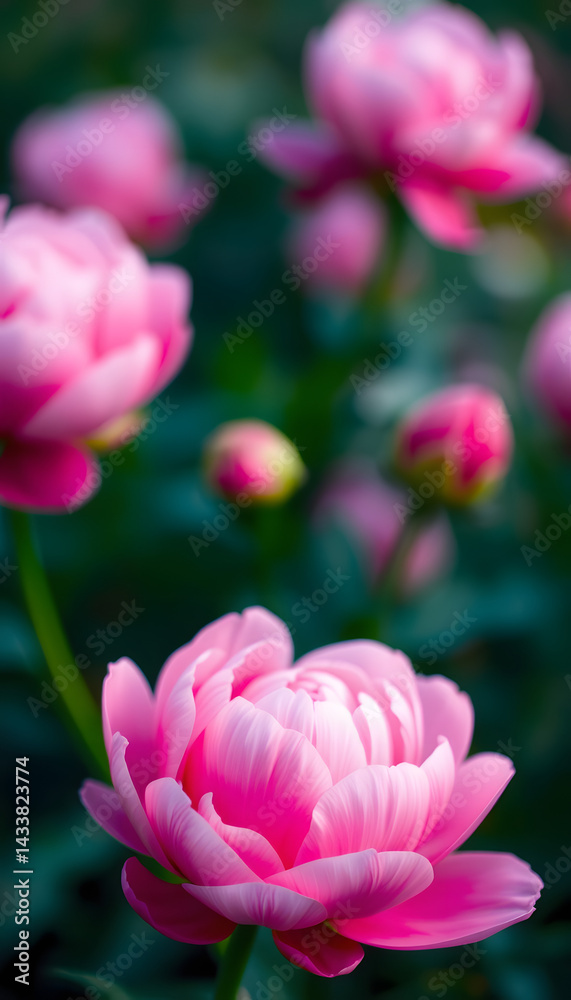 Fototapeta premium abstract floral pink wallpaper, blurred petals of blooming peony, angled photoshot. White tone