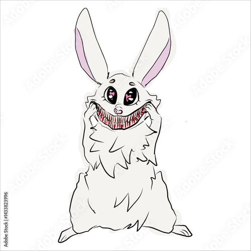 Creepy cartoon bunny with large pink eyes, exaggerated sharp smile, and unsettling facial expression. The character combines elements of cuteness and horror, making it perfect for Halloween designs.