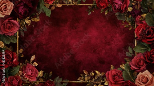 Fototapeta Naklejka Na Ścianę i Meble -  Romantic rose border on deep burgundy backdrop