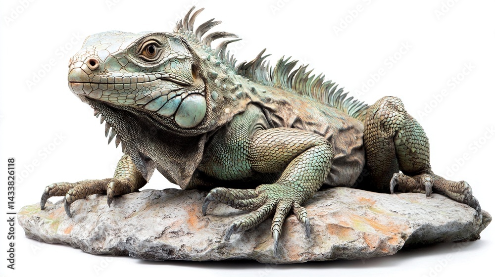 Fototapeta premium Green iguana perched on rock, isolated.