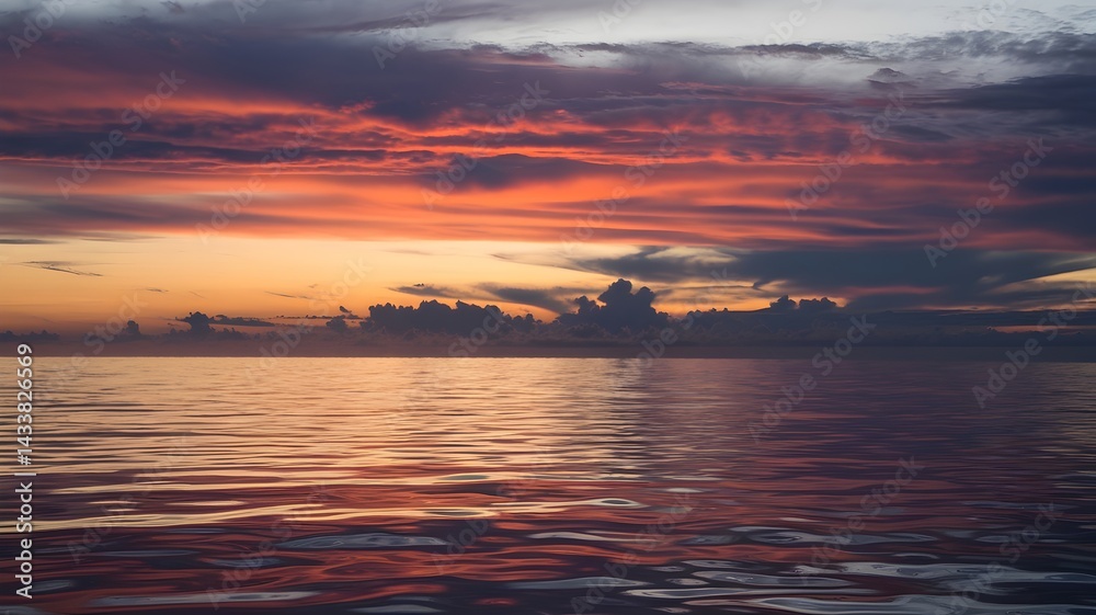 Obraz premium Dramatic sunset over the ocean, vibrant colors painting the sky and reflecting on the water.