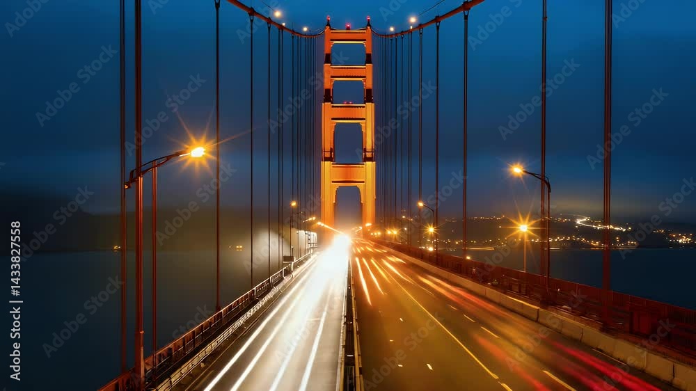 Golden Gate Bridge at night with car light trails.
